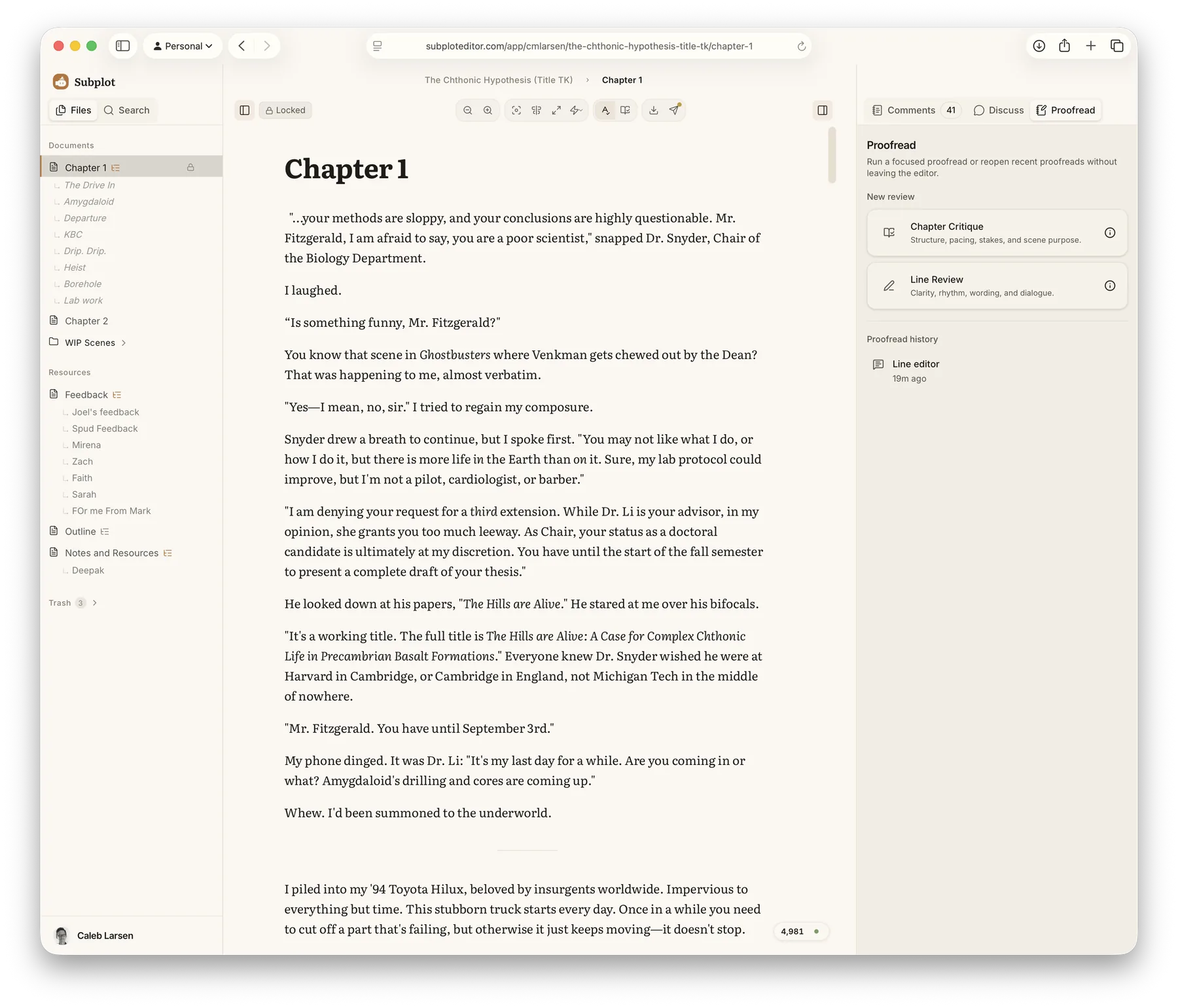 The Subplot editor, with a chapter open and the proofread panel ready